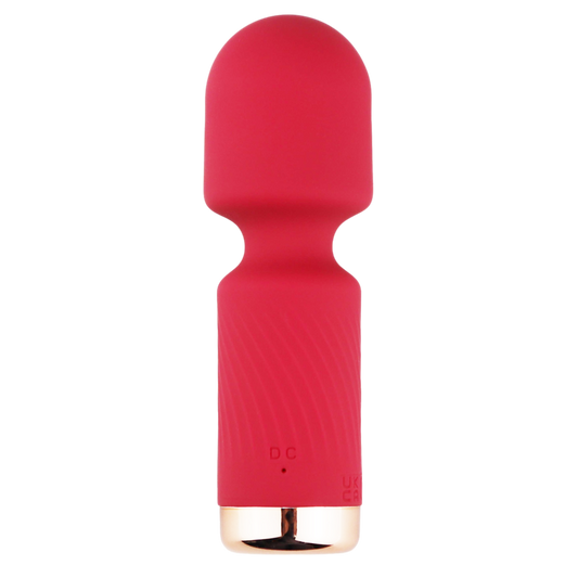 Red silicone mini wand vibrator with gold base on transparent background