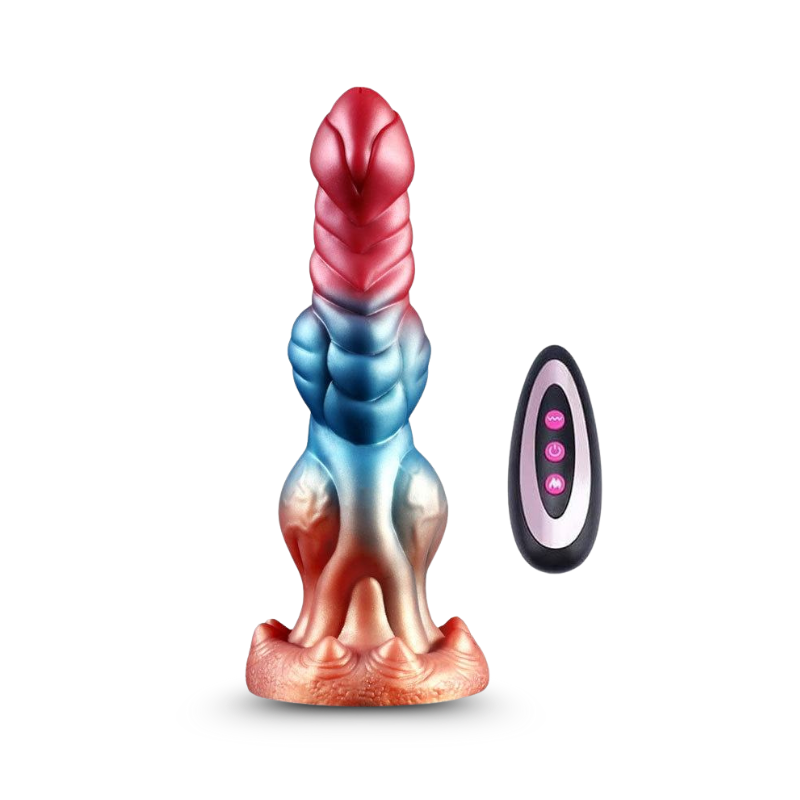 Fantasy-like multi-colored vibrating dildo with a remote control on a transparent background