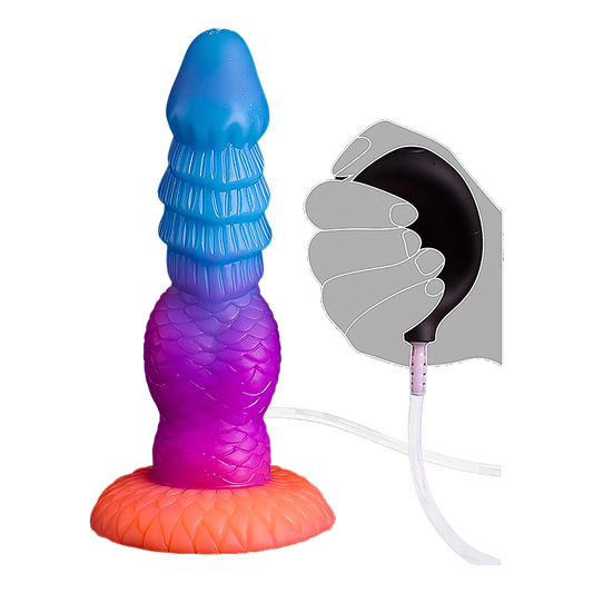 Colorful silicone dildo with manual pump on a white background