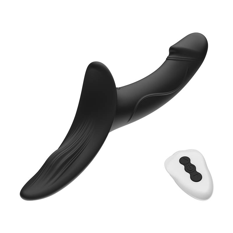 Black curved strap-on dildo with a white remote control on a transparent background