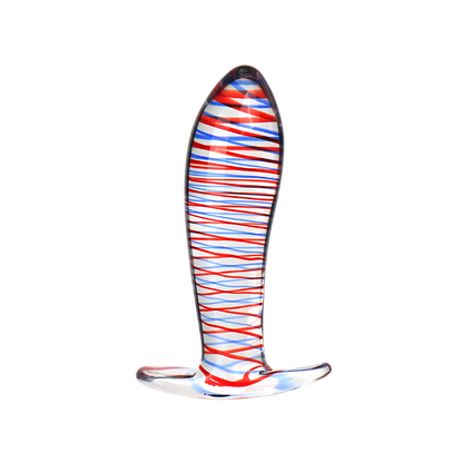 Colorful striped glass anal plug on a white background
