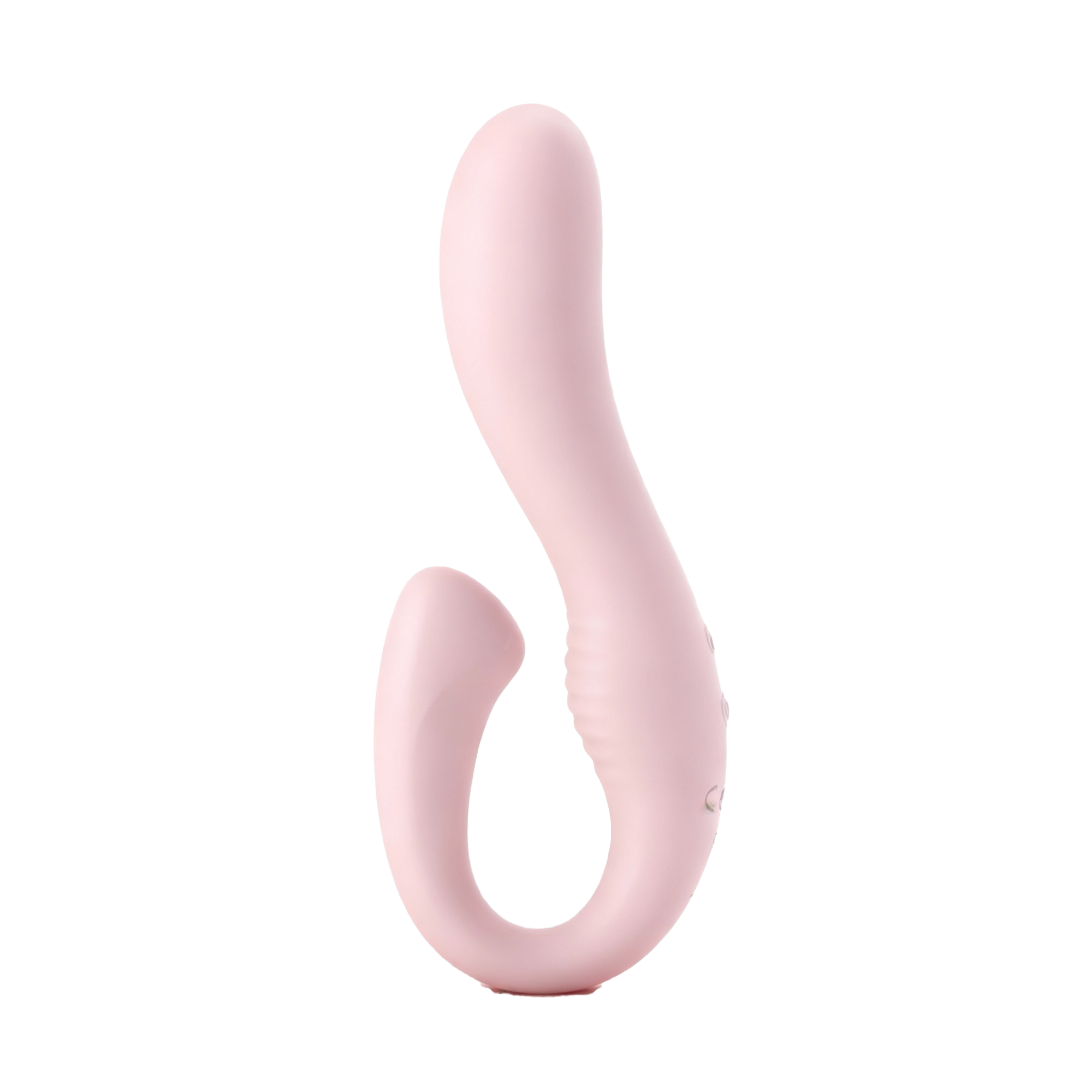 Pink silicone dual vibrator on a white background