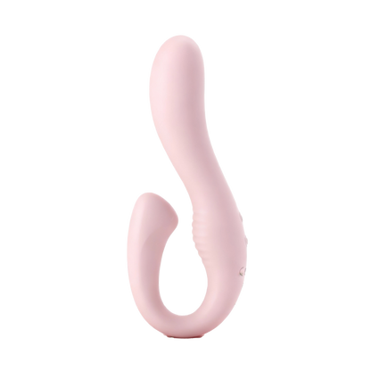 Pink silicone dual vibrator on a white background