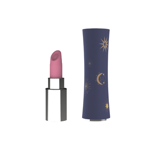 Pink lipstick vibrator with a navy case featuring celestial designs on a white background